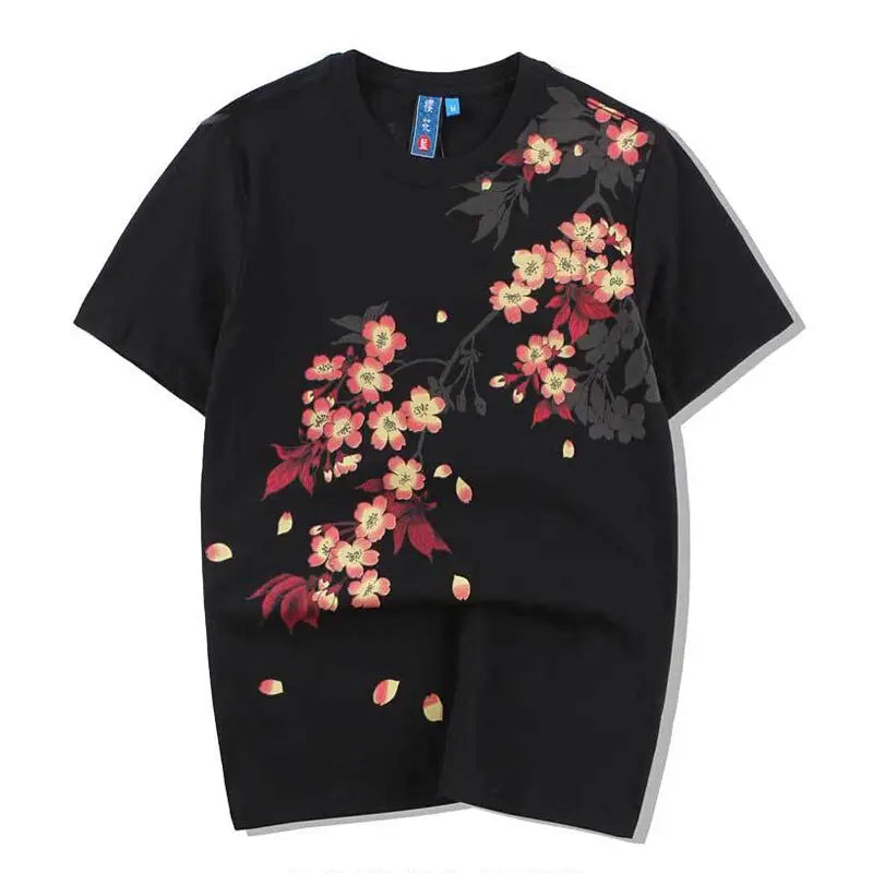 Crimson Blossom Koi Fish Embroidery T-Shirt