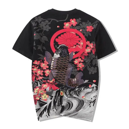 Camiseta con bordado de pez Koi de flor carmesí