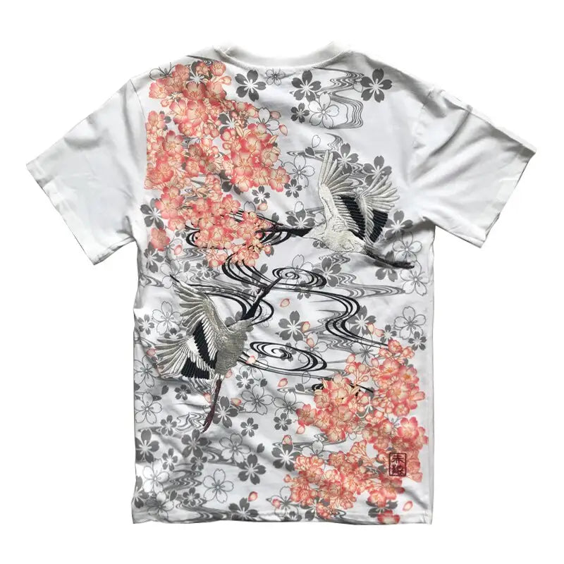 Flying Cranes Sakura Embroidery Shirt