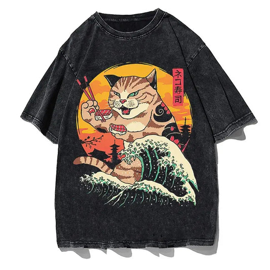 Camiseta Ukiyo-e Cat Attack