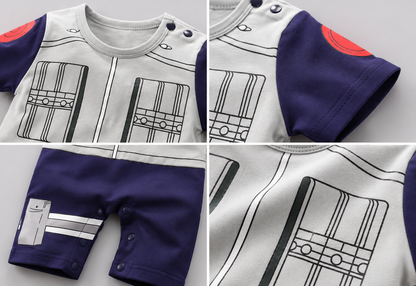 Close-up collage of the gray and purple onesie's pockets, sleeve and snap details