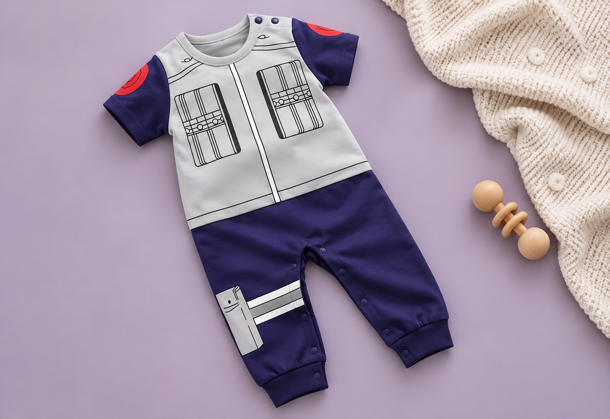 Full gray and purple anime baby onesie styled flat lay on lavender