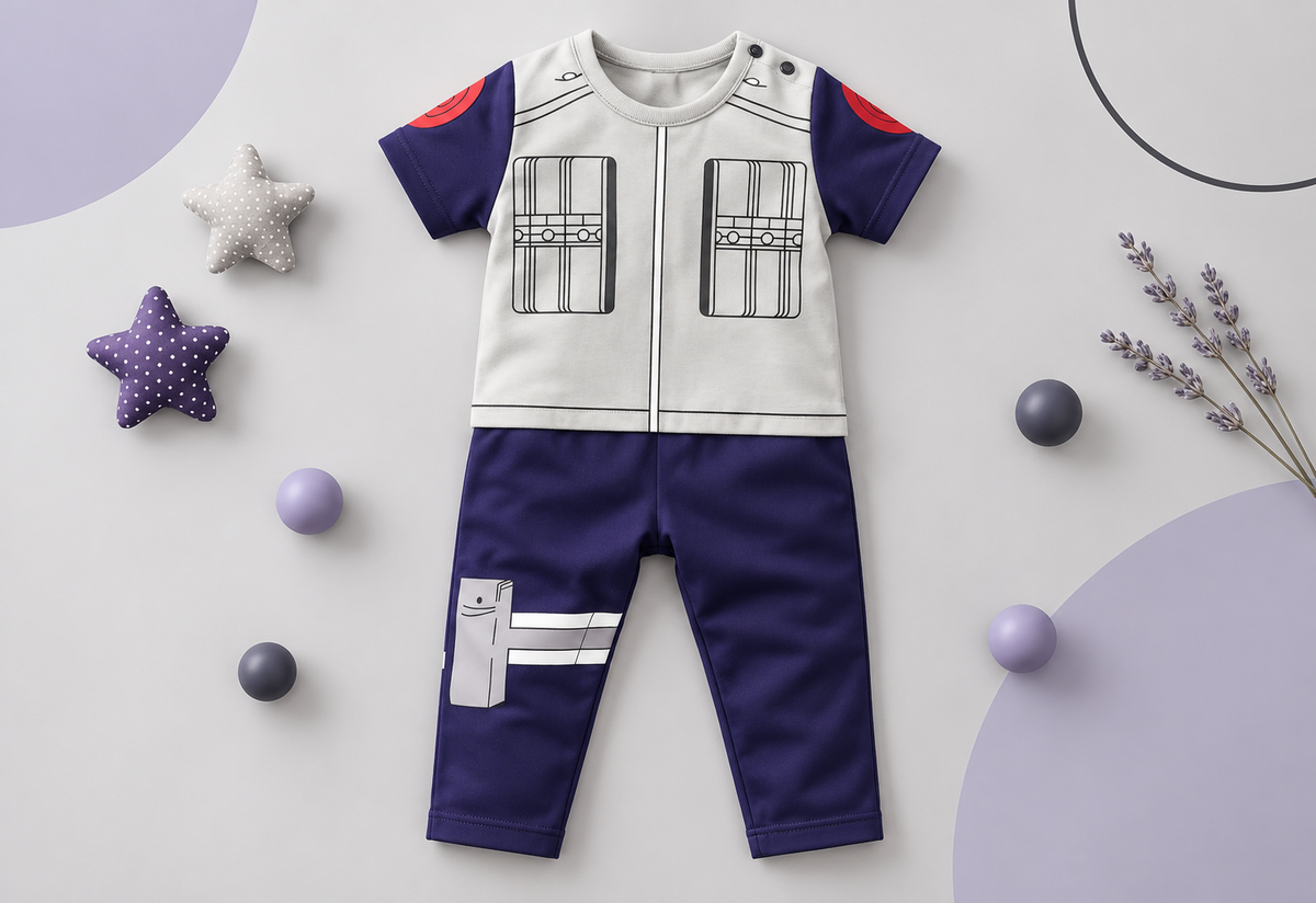 Full Kakashi-inspired baby onesie flat lay on a pearl gray background