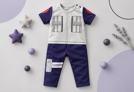 Full Kakashi-inspired baby onesie flat lay on a pearl gray background