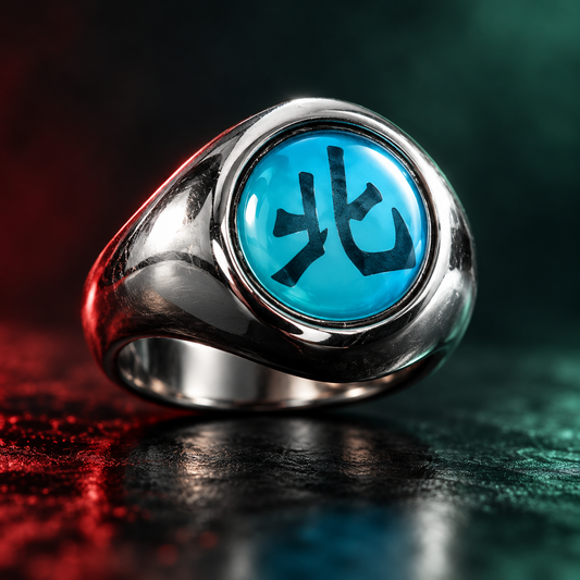Kakuzu Hoku Akatsuki ring in silver tone with cyan 北 face, dramatic forest green studio lighting