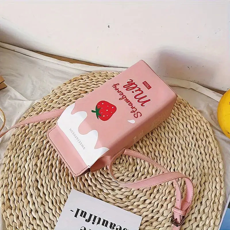 Bolso bandolera con caja de leche de fresa