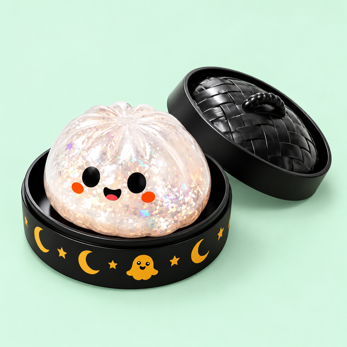 Kawaii Ghost Squishy and separate ridged lid on pale mint background