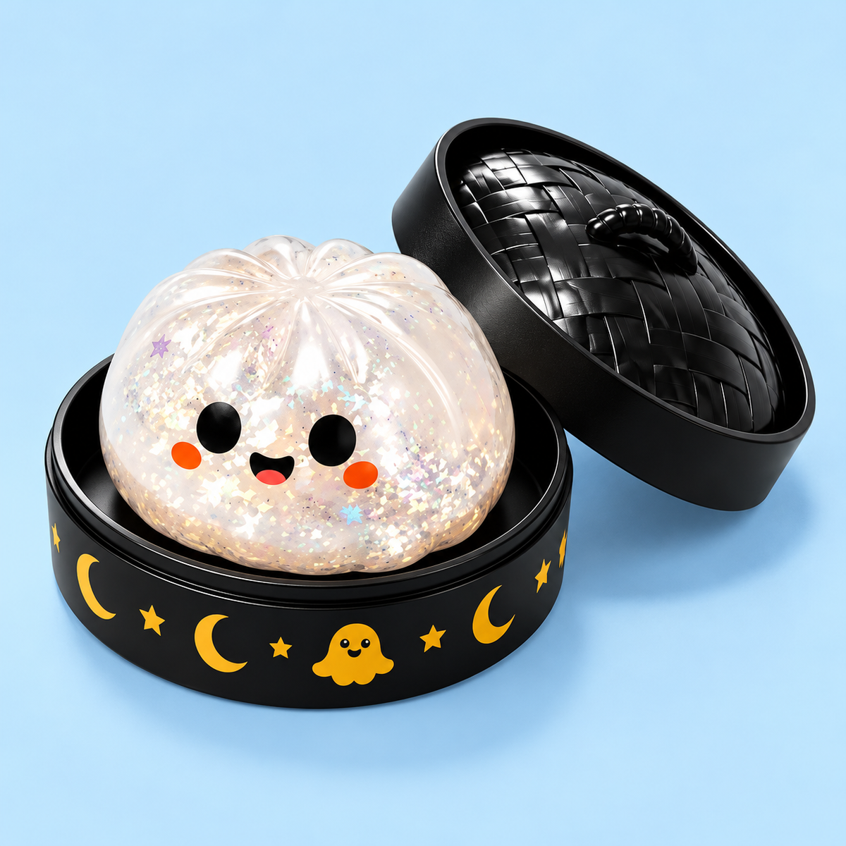 Kawaii Ghost Squishy, decorated case and lid on pale blue background
