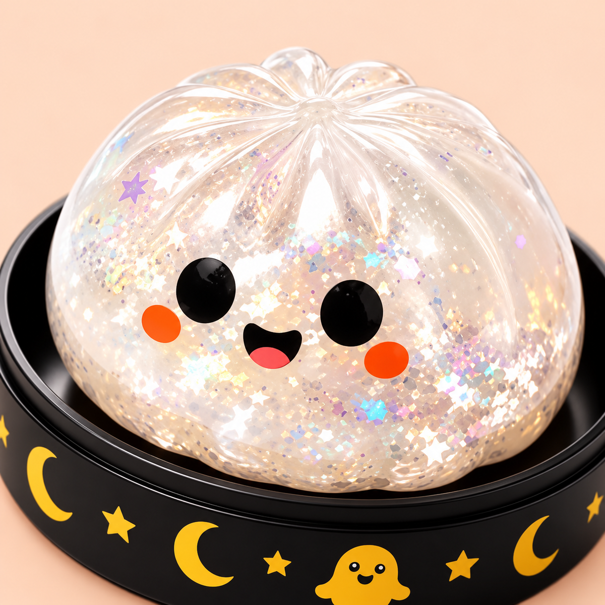 Close-up of pearly Kawaii Ghost Squishy face and confetti
