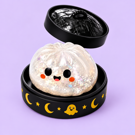 Kawaii Ghost Squishy in its case on pale lavender background