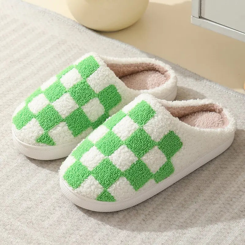 Fluffy Green Checkered Kawaii Slippers