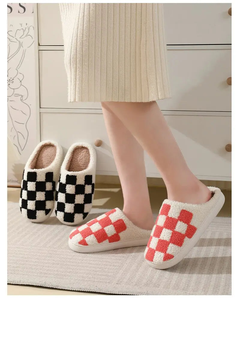 Fluffy Black Checkered Kawaii Slippers