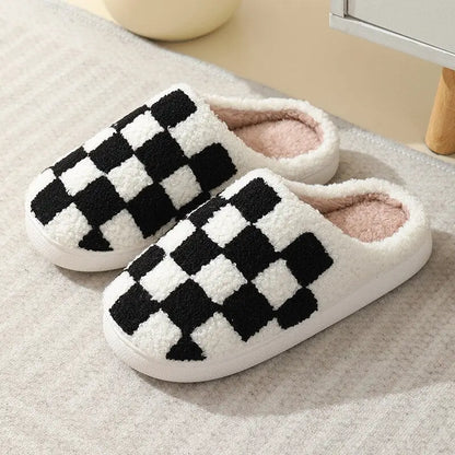 Fluffy Black Checkered Kawaii Slippers