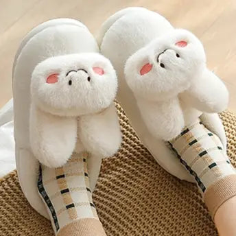 White Smiley Bunny Face Kawaii Slippers