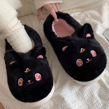 Sparkled Eyes Black Kitty Kawaii Slippers