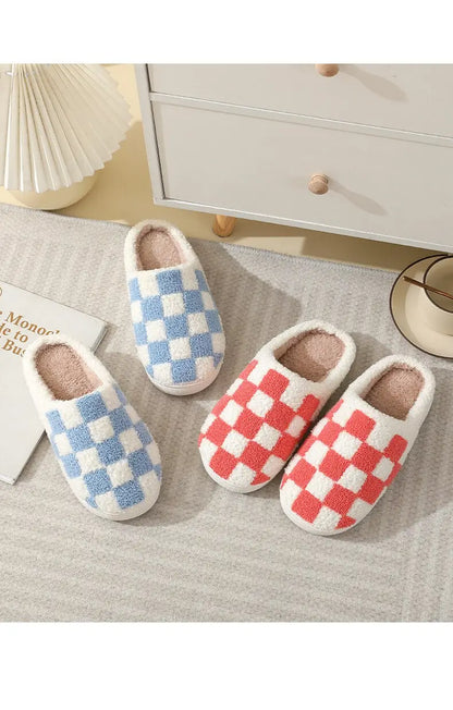 Fluffy Blue Checkered Kawaii Slippers