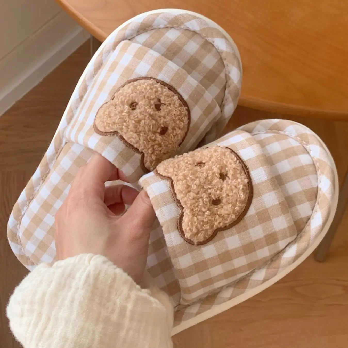 Checkered Brown Bear Kawaii Slippers