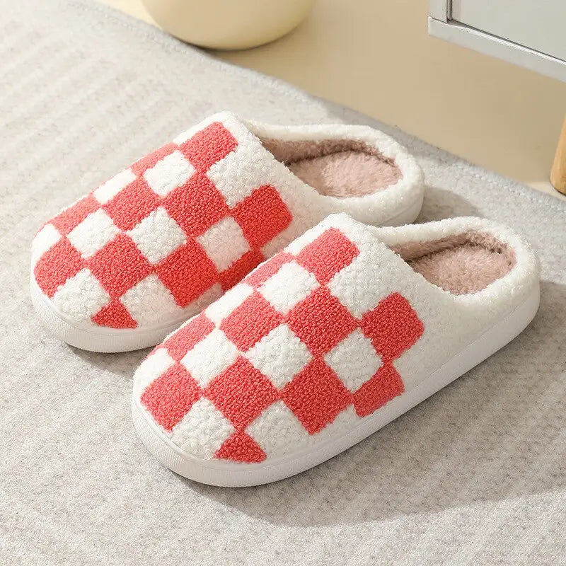 Fluffy Red Checkered Kawaii Slippers