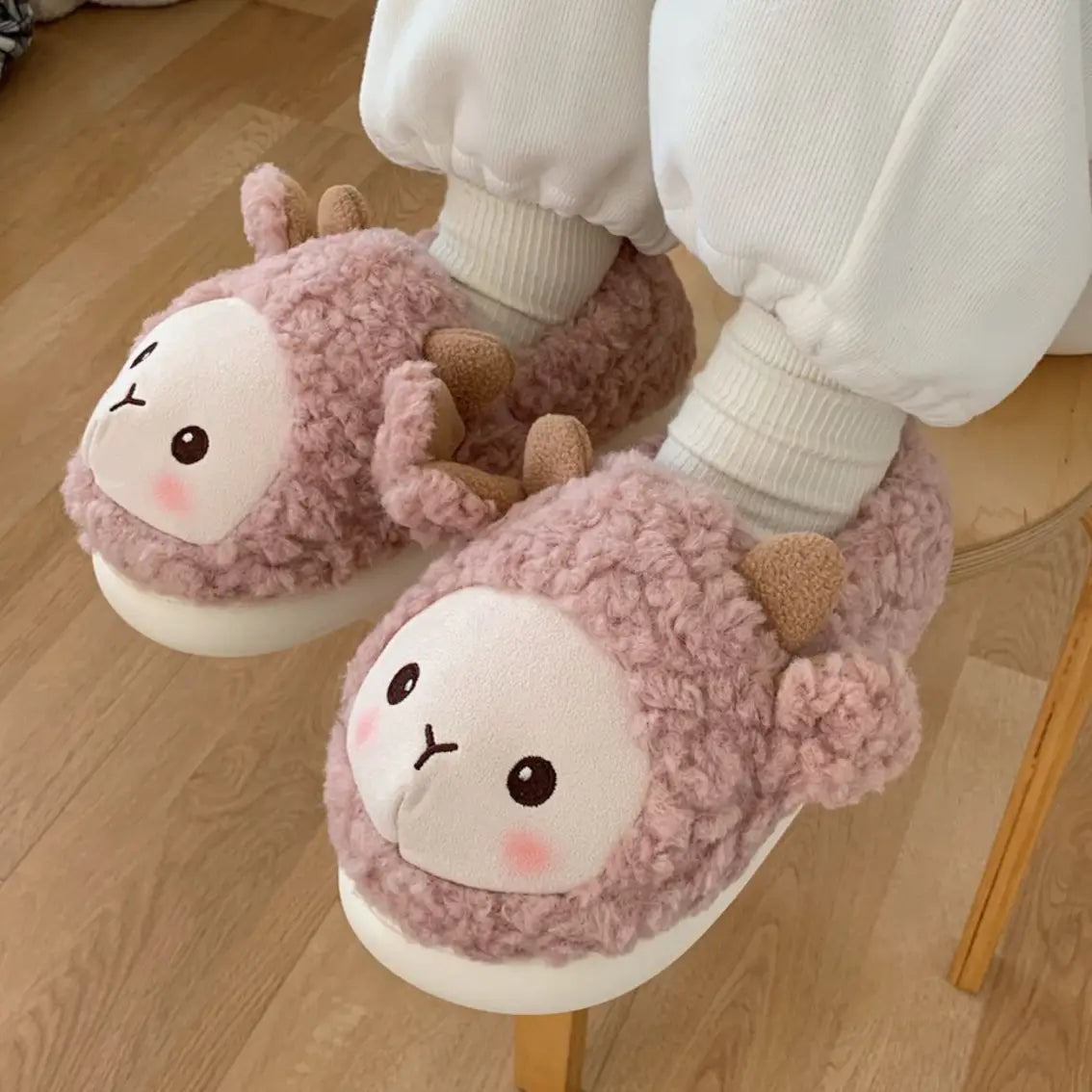 Fuzzy Pink Sheep Kawaii Slippers