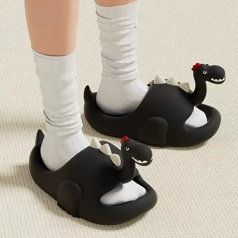 Black 3D Dinosaur Kawaii Slippers