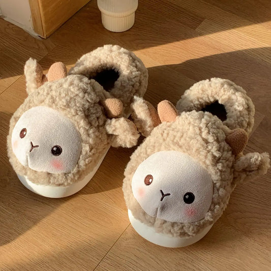 Fuzzy Brown Sheep Kawaii Slippers