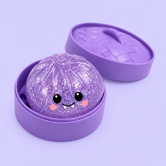 Kawaii Vampire purple glitter dumpling squishy in matching case