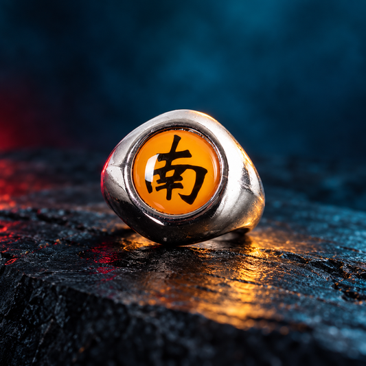 Kisame Nan ring with orange 南 face against teal and amber light