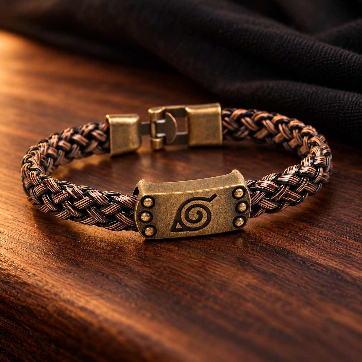 Close-up of Konoha-inspired bracelet on warm wood