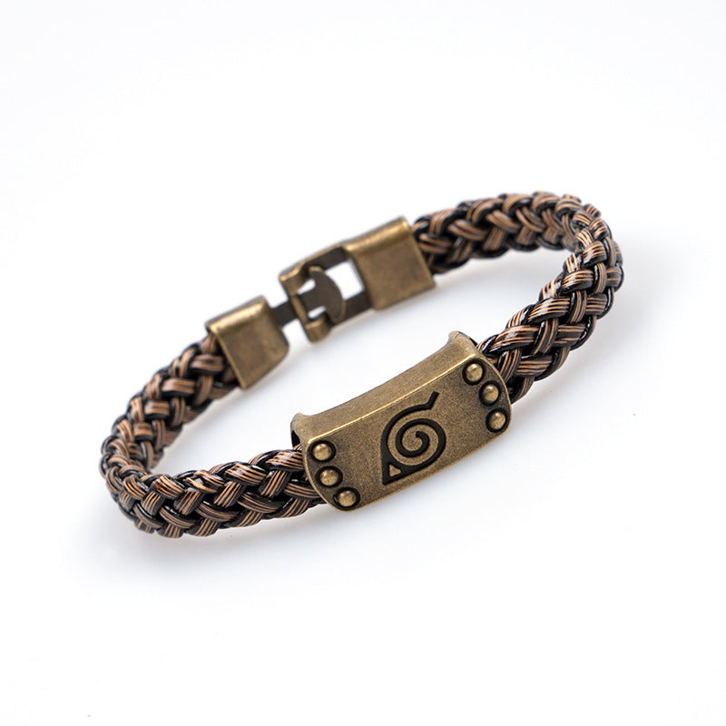 Angled view of black and copper braided Konoha bracelet