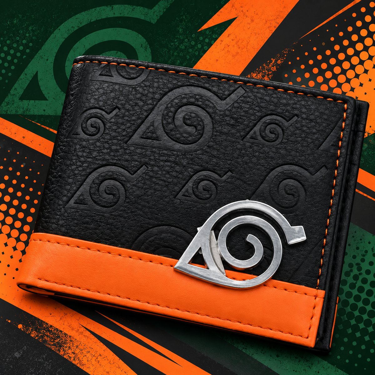Close-up of the Konoha wallet's silver emblem and embossed leaf pattern in anime pop-art style