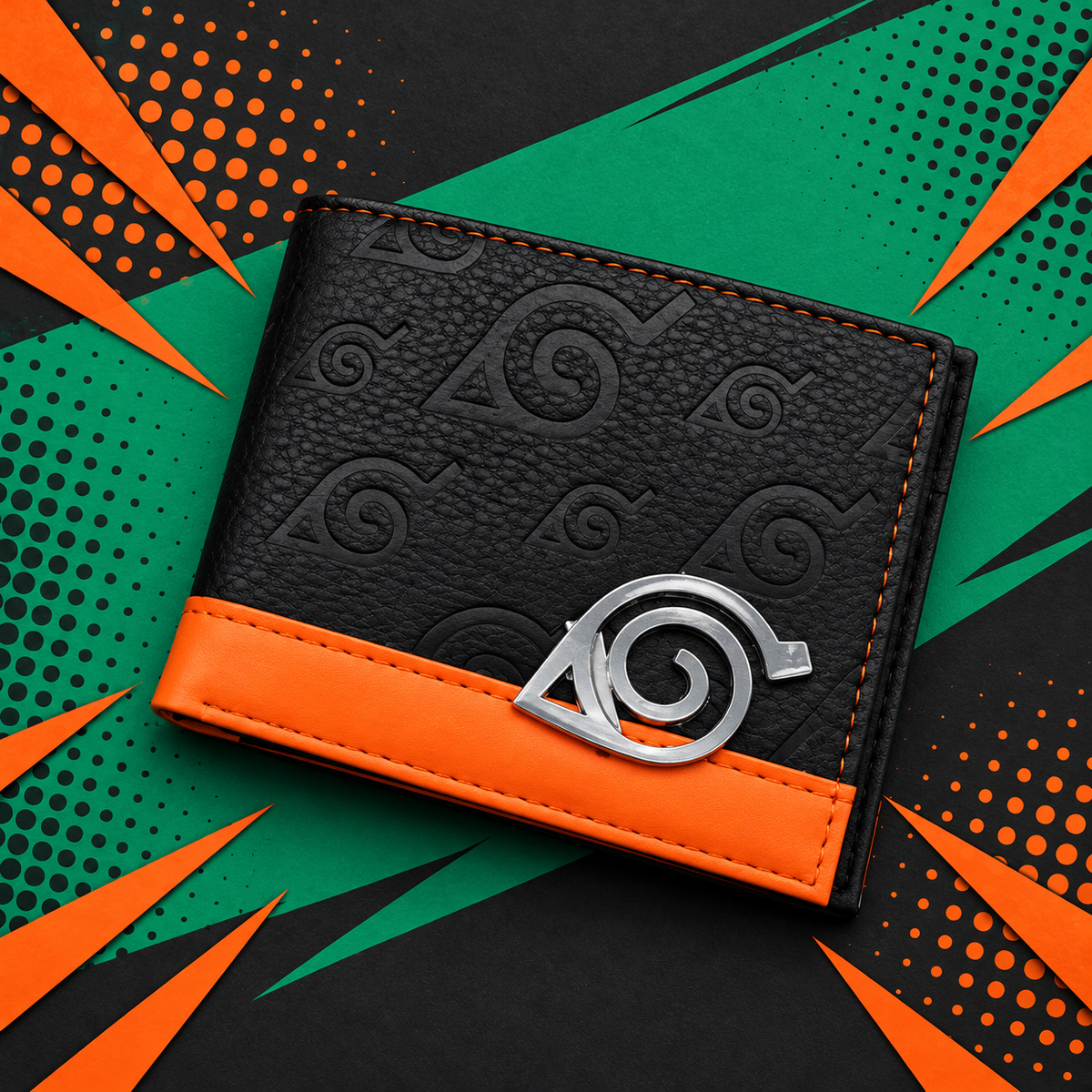 Konoha wallet in a diagonal graphic flat lay with emerald and orange pop-art shapes
