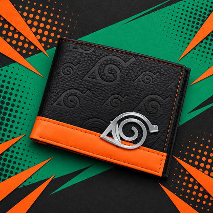 Konoha wallet in a diagonal graphic flat lay with emerald and orange pop-art shapes