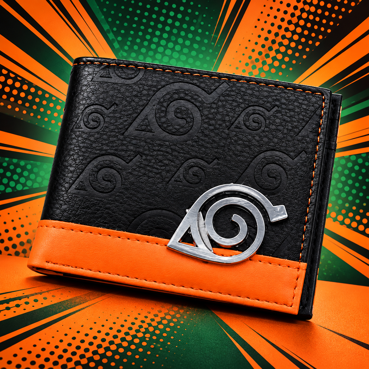 Konoha Shinobi wallet with a bold green and orange anime pop-art backdrop