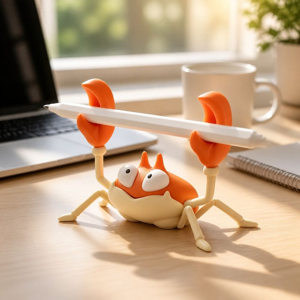 Krabby Figure Pen Holder holding a white pen on a desk
