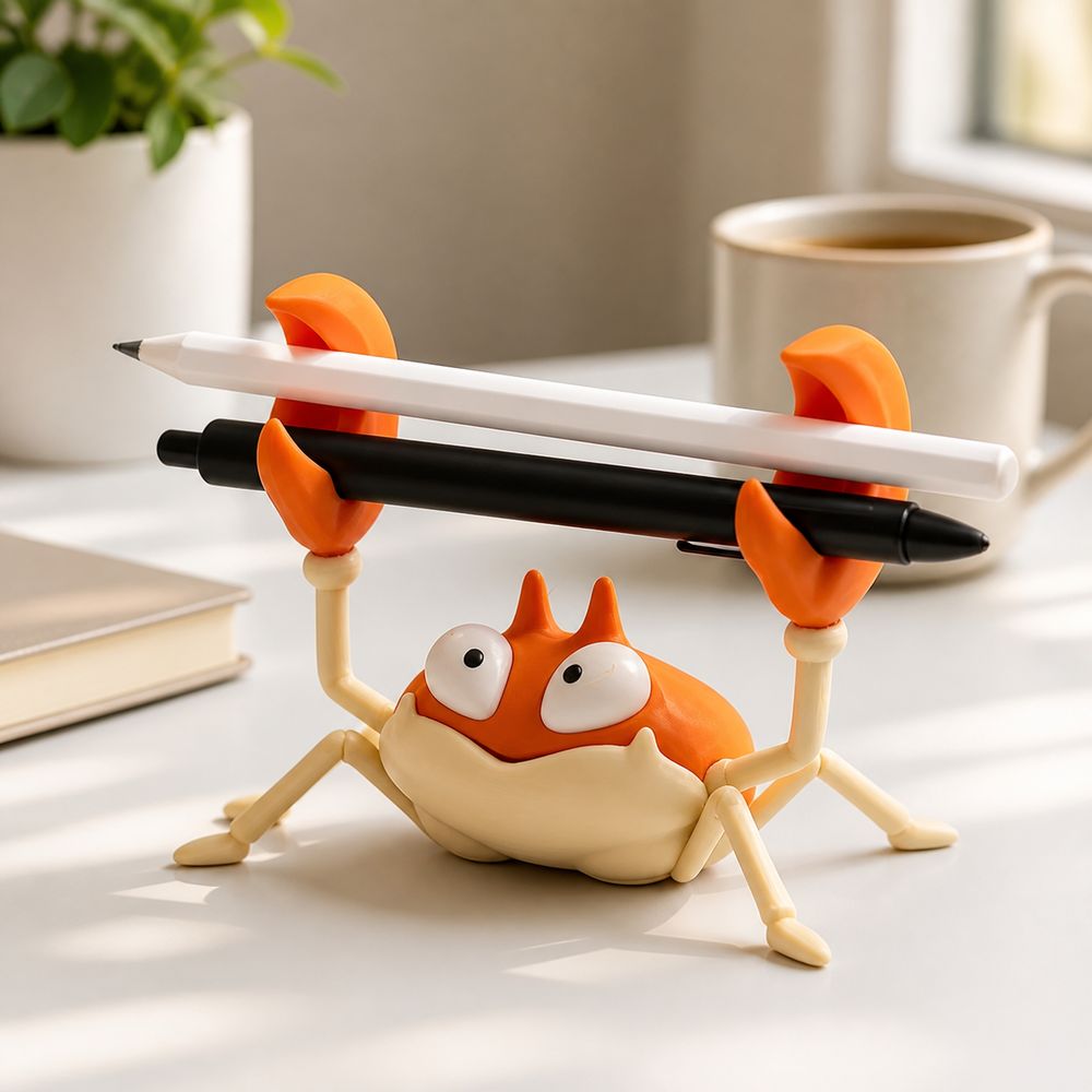 Krabby Figure Pen Holder holding two pens on a bright desk