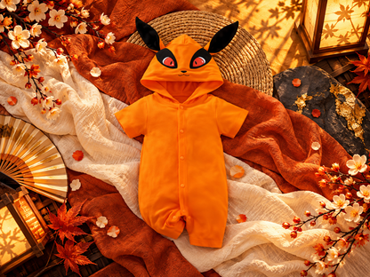 Orange Kyuubi-inspired baby onesie in a warm Japanese autumn-style flat lay