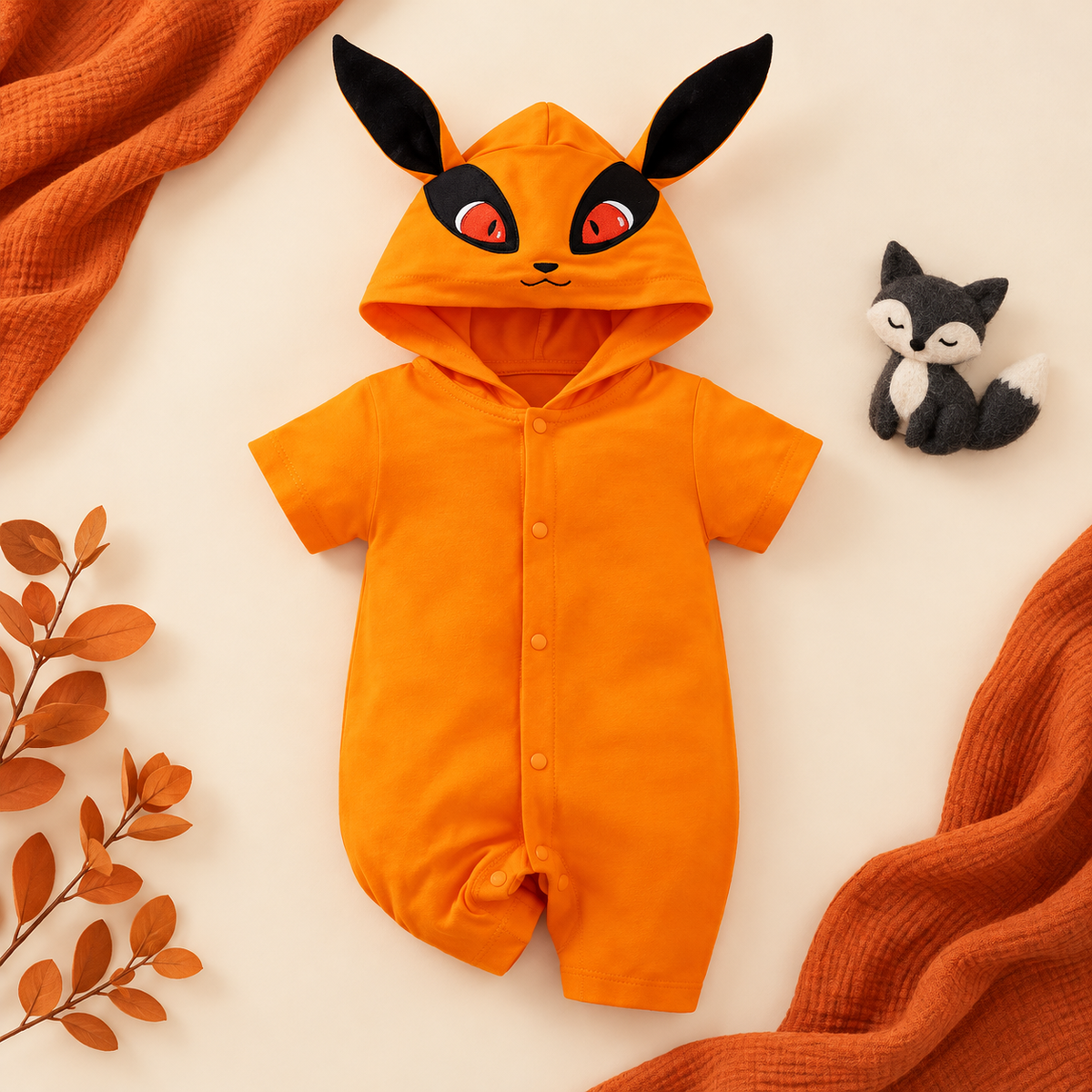 Orange Kyuubi-inspired baby onesie with fox hood and black-tipped ears on an ivory and rust backdrop