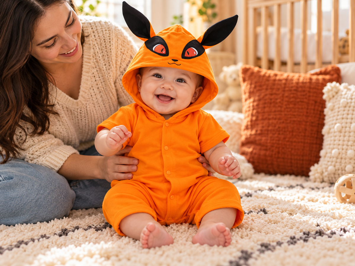 Illustrative nursery lifestyle scene with a baby wearing the orange Kyuubi-inspired onesie