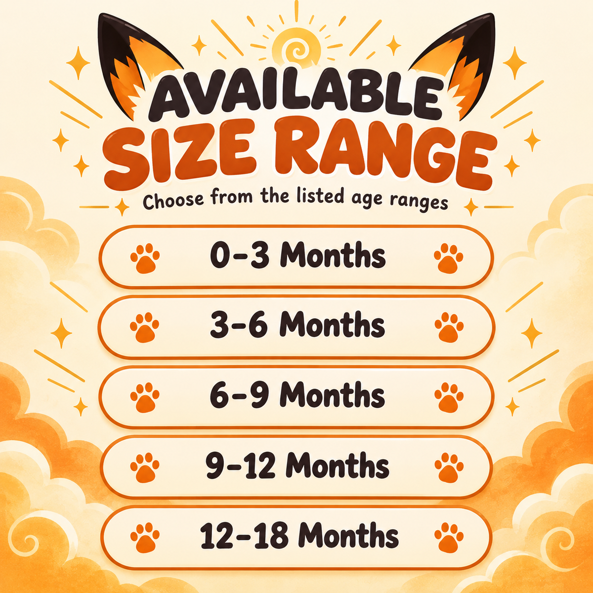 Kyuubi baby onesie available size range from 0–3 through 12–18 months