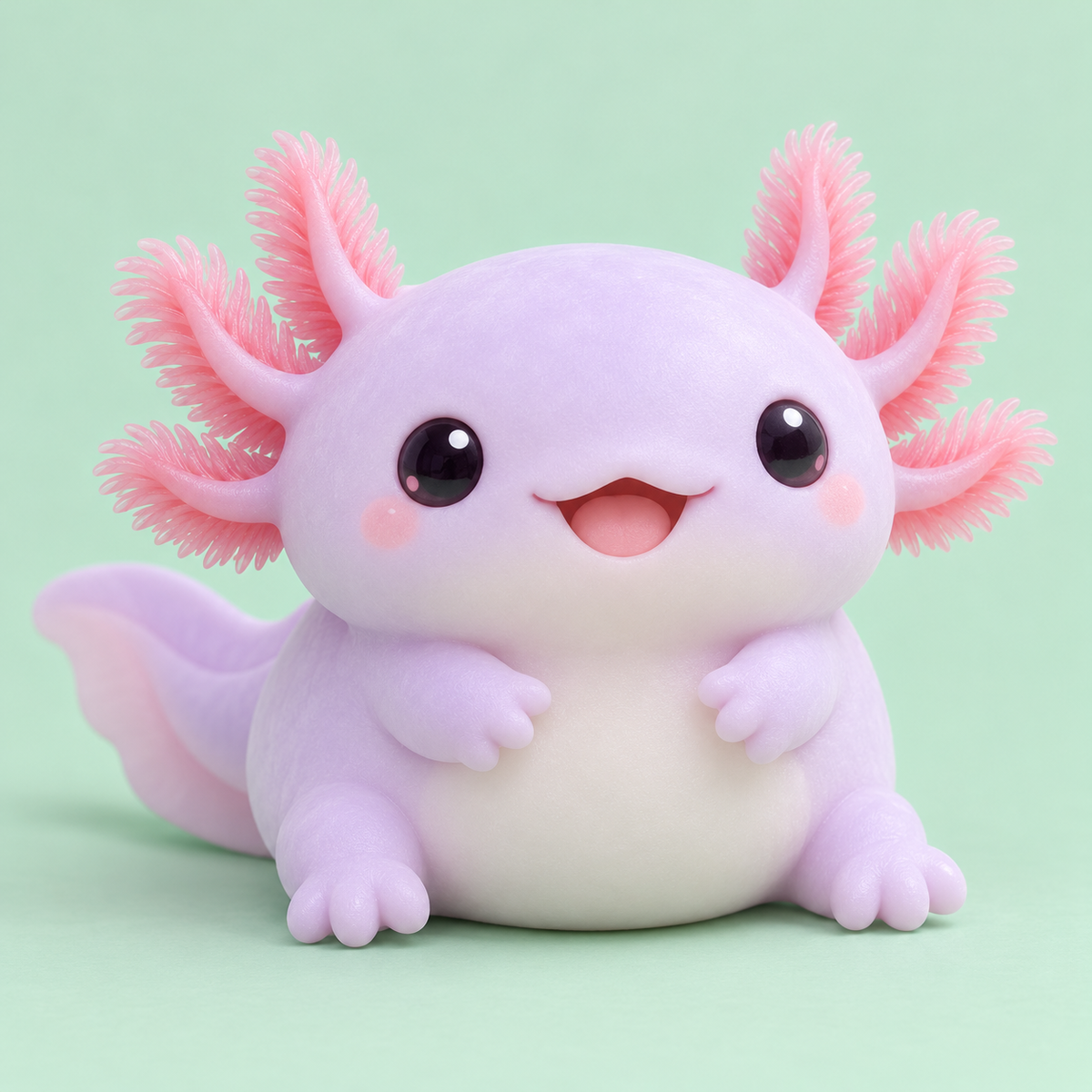 Lavender kawaii axolotl squishy with pink gills on mint background