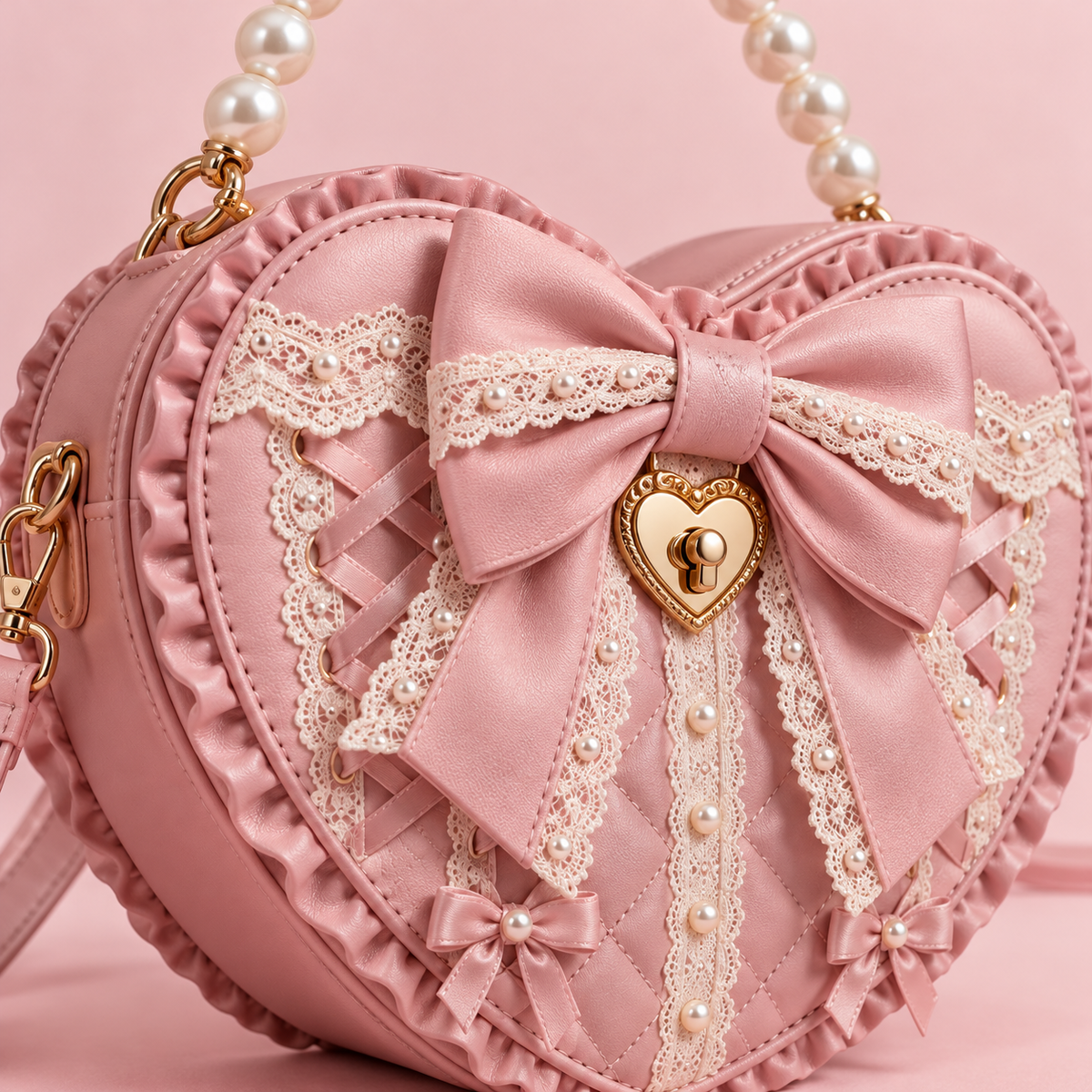 Love Letter Lolita bag bow, pearl handle, and heart clasp detail