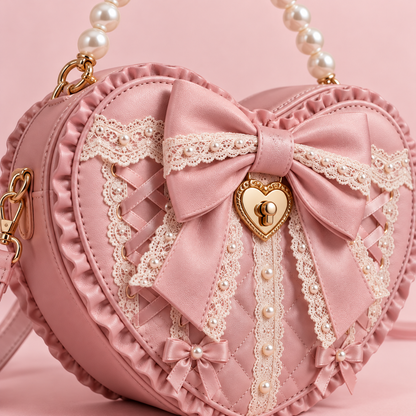 Love Letter Lolita bag bow, pearl handle, and heart clasp detail