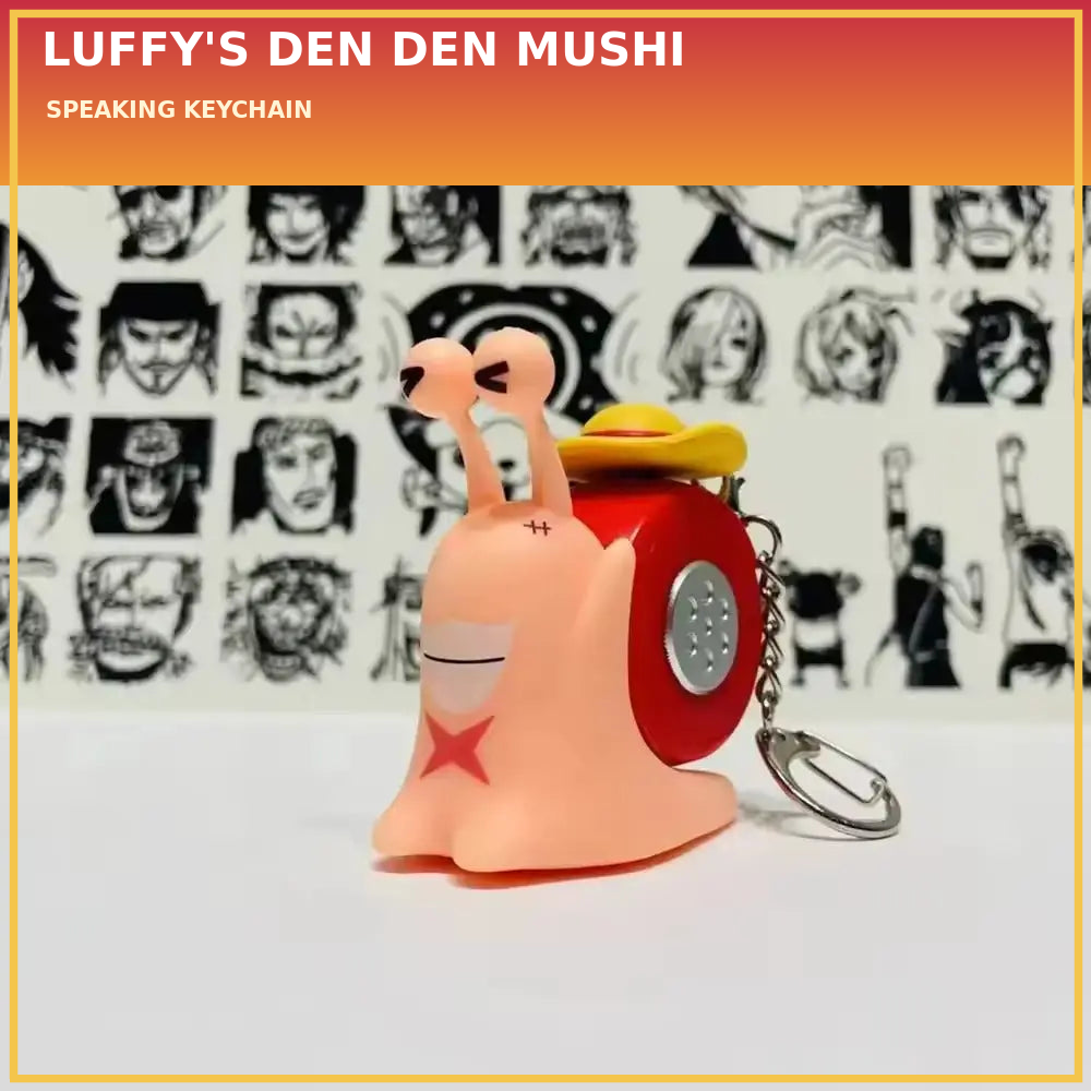 Luffy Den Den Mushi keychain with a red and gold title band; original keychain photo preserved