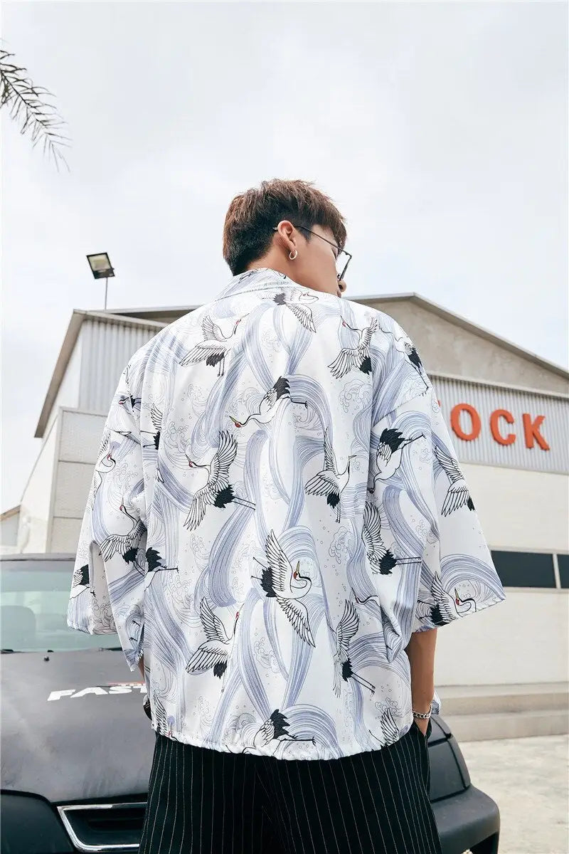 Cranes White Men’s Kimono Jacket