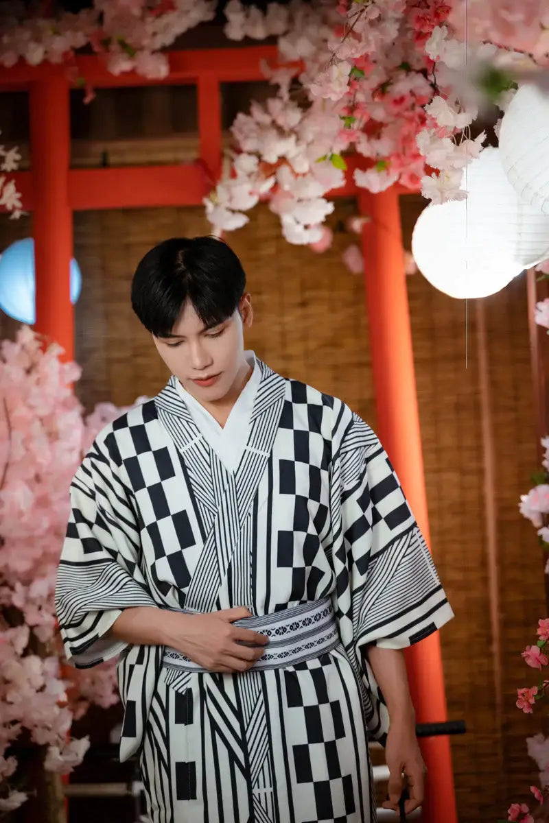 Kimono homme à carreaux noir et blanc