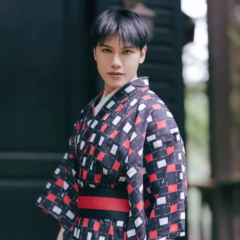 Kimono de hombre negro a cuadros rojo y blanco