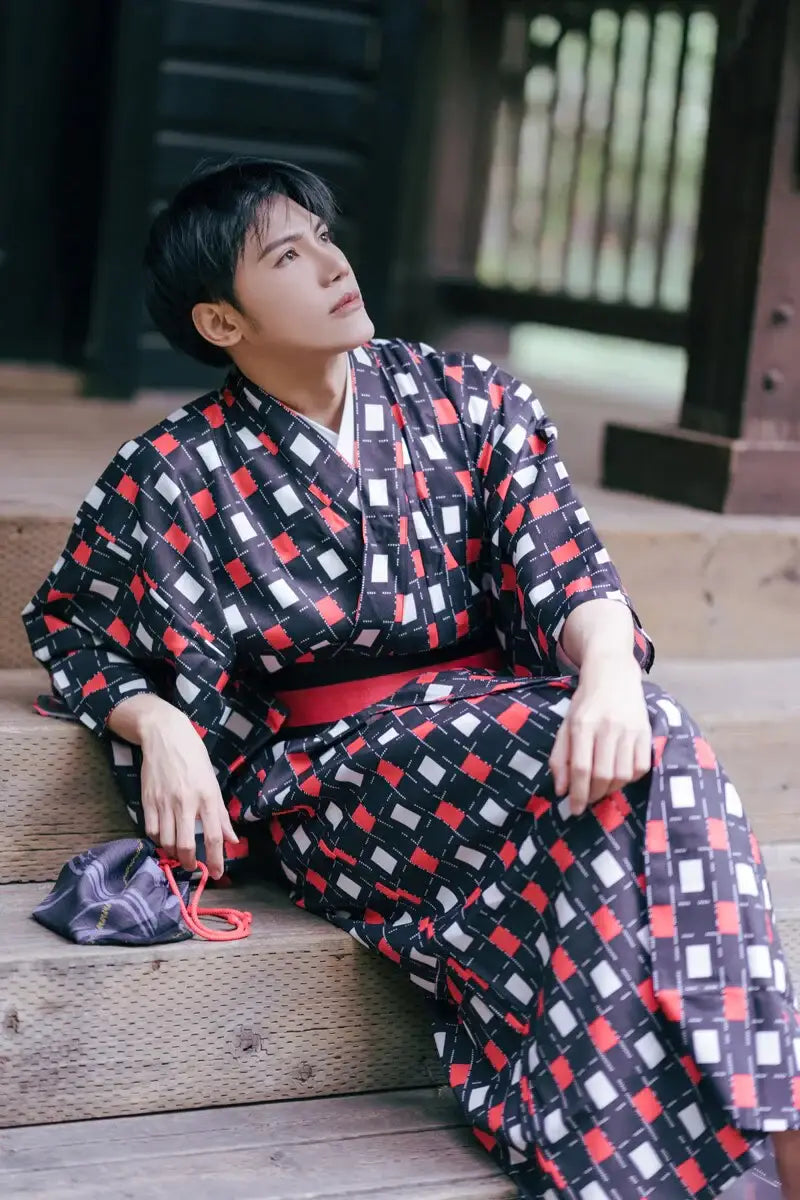 Kimono Homme Noir Carré Rouge Et Blanc