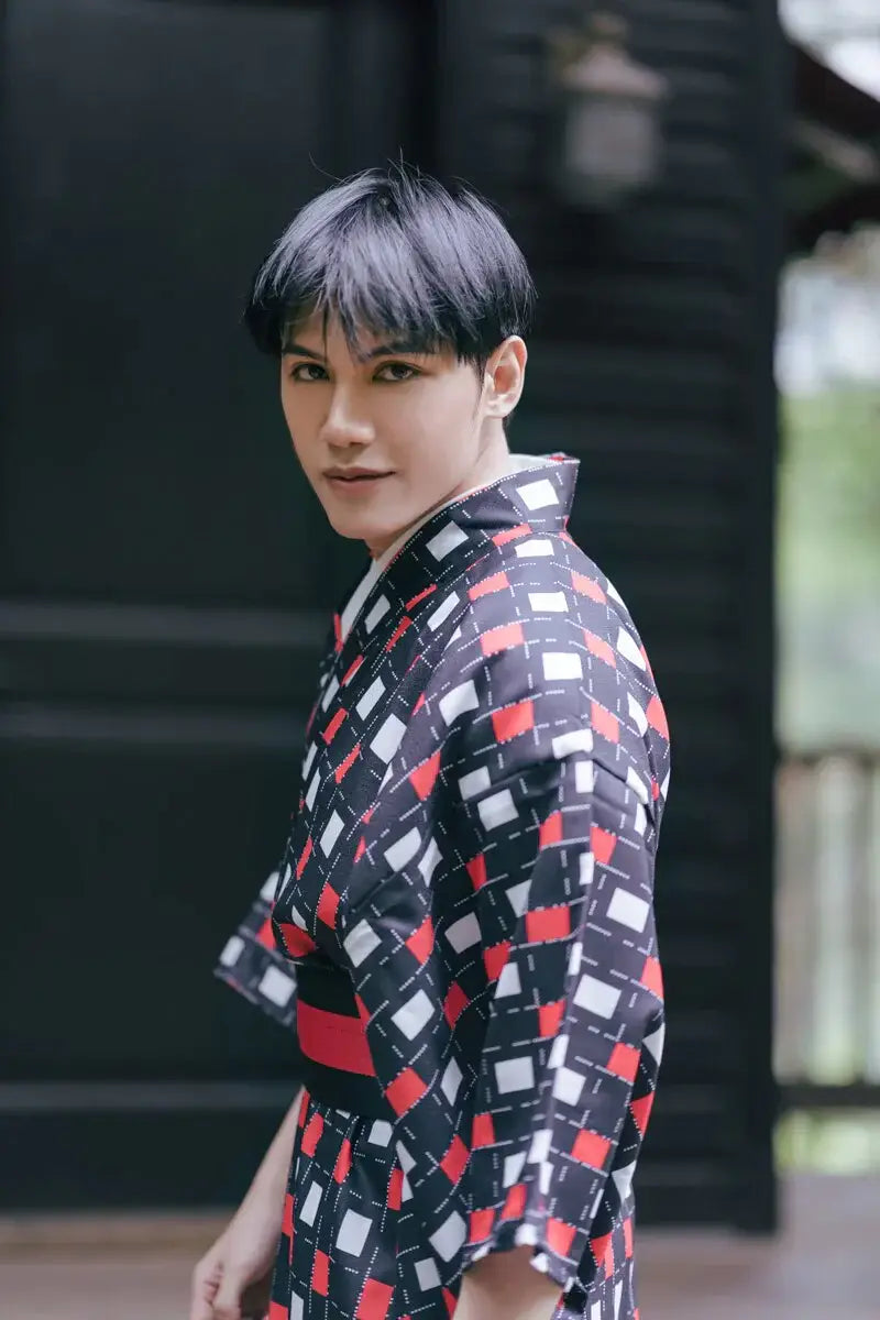 Kimono Homme Noir Carré Rouge Et Blanc