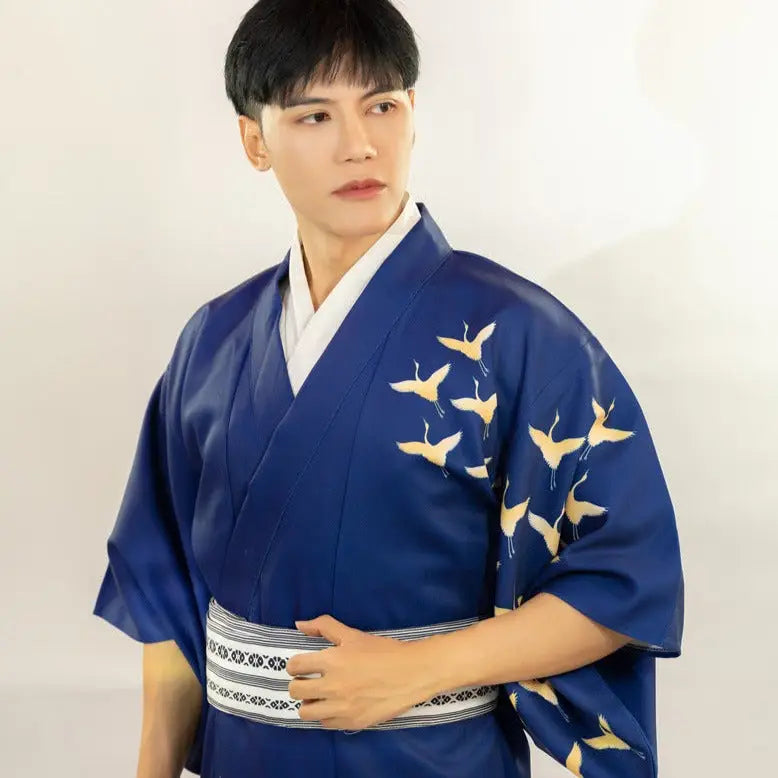Kimono traditionnel bleu pour hommes, grues