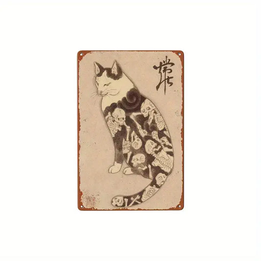 Letrero metálico con diseño de gato y tatuaje de calaveras